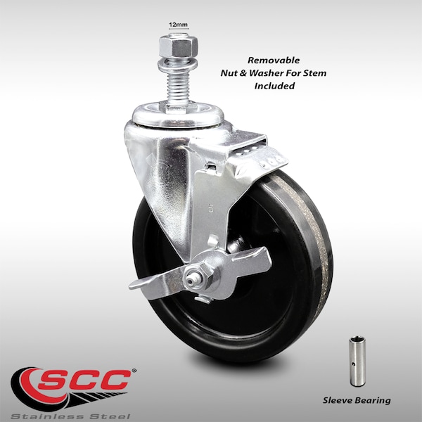 5 Inch SS Phenolic Wheel Swivel 12mm Threaded Stem Caster with Brake SCC